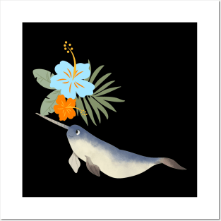 Narwhal Hawaiian Hibiscus Orange Ice Blue Flower Posters and Art